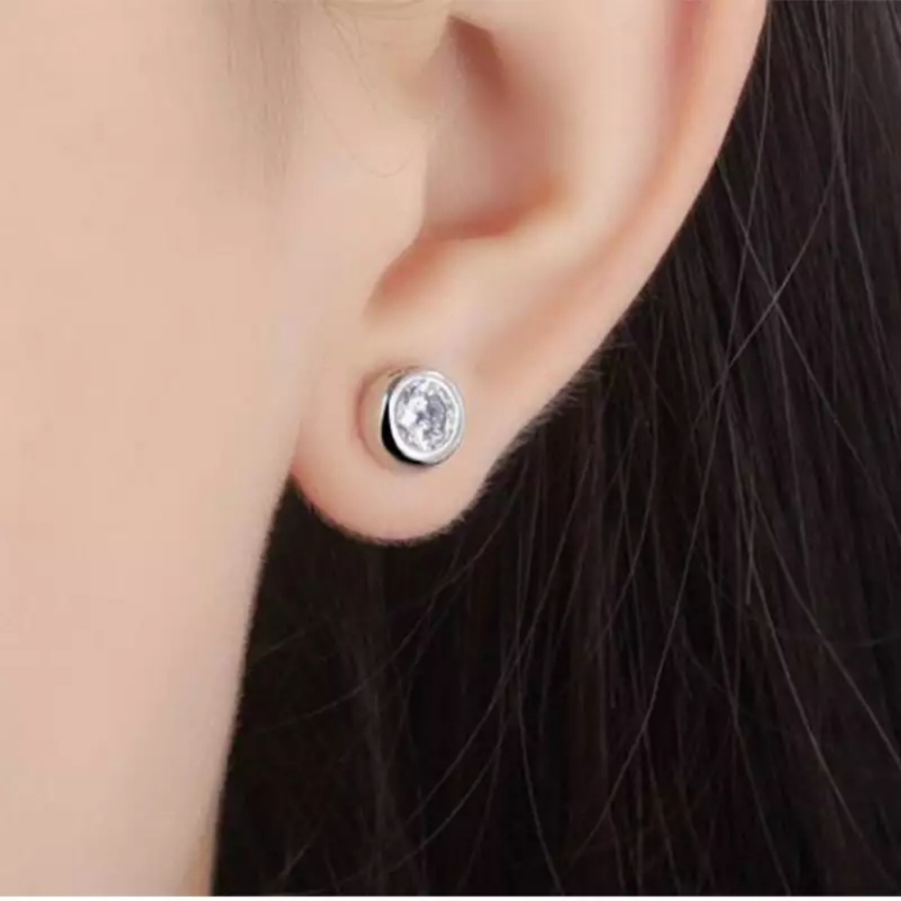 NEW S925 Minimalist Round Bezel Solitaire Earring - Picture 5 of 6
